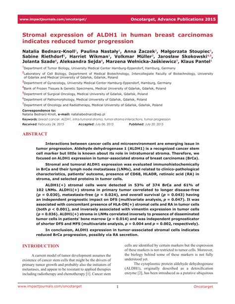 Pdf Stromal Expression Of Aldh1 In Human Breast Carcinomas Indicates