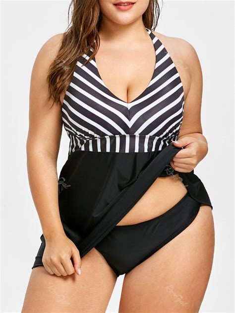 37 Off Plus Size Halter Striped Tankini Swimsuit Rosegal