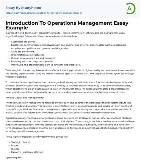 Introduction To Operations Management Essay Example