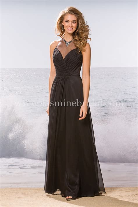 L Long Illusion Neckline Belsoie Tiffany Chiffon Bridesmaid Dress