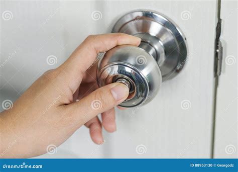 Hand Press Botton On Door Knob For Lock The Door Stock Photo Image Of