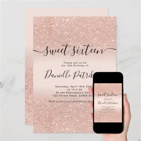 Rose Gold Glitter Sparkles Pink Ombre Sweet 16 Invitation Zazzle