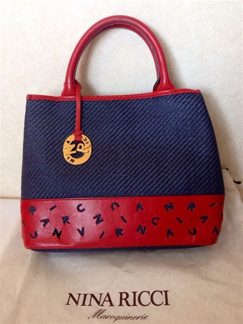 Vintage Nina Ricci Navy Woven Straw And Red Leather Mix Handbag Tote