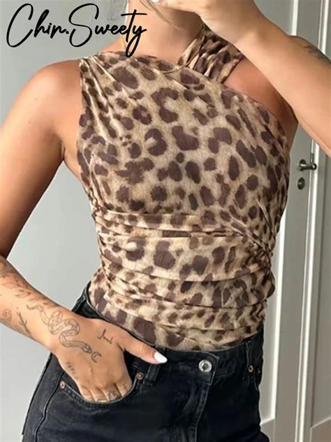 Sexy Leopard Printed Jumpsuit Women Irregular Sleeveless Sling Top