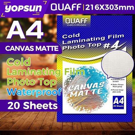 Canvas Matte Quaff Photo Top A4 Cold Laminating Film 20 Sheets Shopee