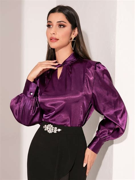 Shein Modely Keyhole Neck Bishop Sleeve Satin Blouse Simple Blouse