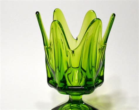 Vintage Viking Green Swung Glass Vase Avocado Art Glass Pedestal Finger Vase Bowl Candy Dish