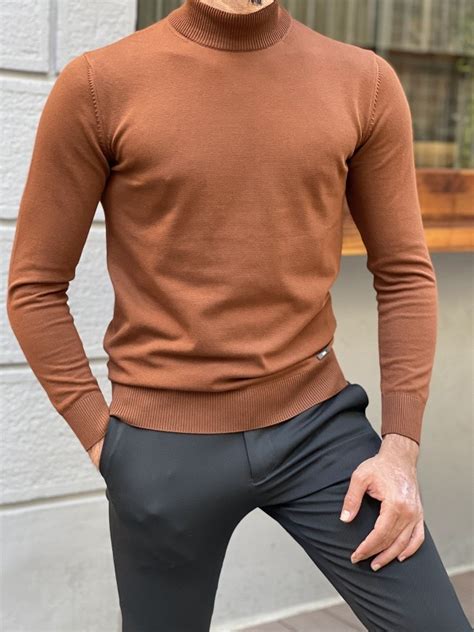 Brown Slim Fit Mock Turtleneck Sweater By