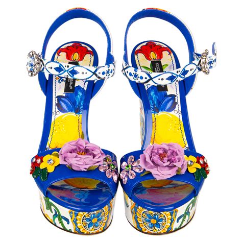 Dolce And Gabbana Majolica Platform Sandals Bianca With Applications Blue