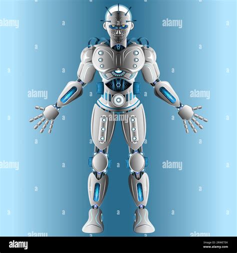 Front View Of Full Body Robot Standing With Arms And Hands Spread Stock