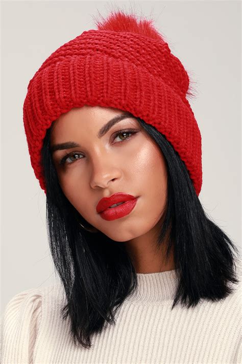 Cute Red Beanie - Pom Pom Knit Beanie - Faux Fur Pom Pom Beanie - Lulus