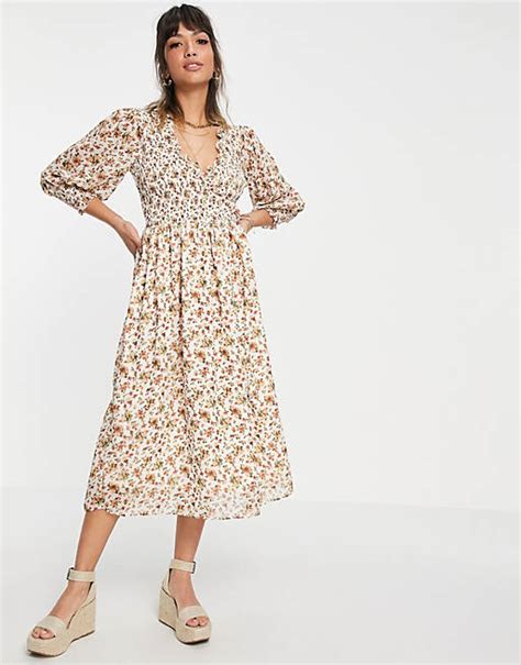 Asos Design Midi Smock Dress With Shirred Cuffs In Cream Floral Print