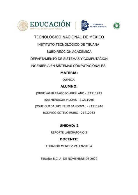 Reporte Lab Quimica Tecnol Gico Nacional De M Xico Instituto