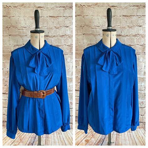 Vintage Blouse Pussy Bow Tie Neckline Bright Blue By Feminella C S