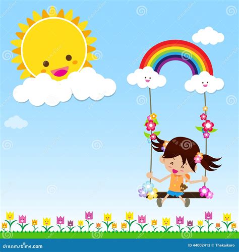 Fille Avec L Arc En Ciel Et Le Nuage De Sun Illustration De Vecteur