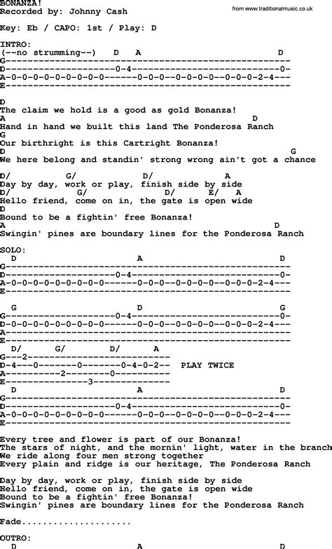 Johnny Cash song: Bonanza!, lyrics and chords