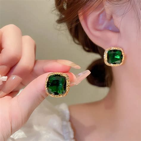 Brincos Vintage Cristal Verde Zirc O Para Mulheres Stud Geom Trico