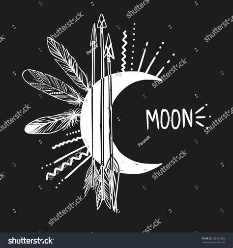 Moon Arrows And Feathers On Black Background Vector Illustration