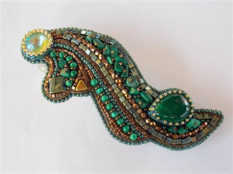 Malachite Barrette Swarovski Hairpin Bead Embroidery Seed Etsy