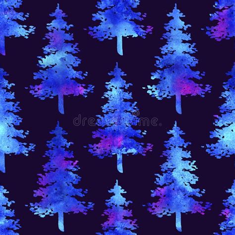 Xmas Watercolour Fir Tree Seamless Pattern In White Color On Dark Blue