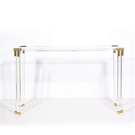 Mid Century Modern Glass Console Table With Brass Joints And Lucite Supports For Sale At 1stdibs