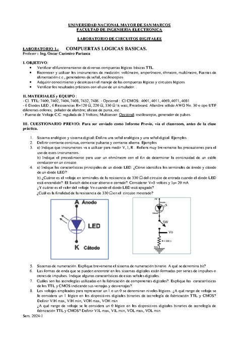 LAB 1 2024 1 Circuitos Digitales Compuertas logicas básicas Sem