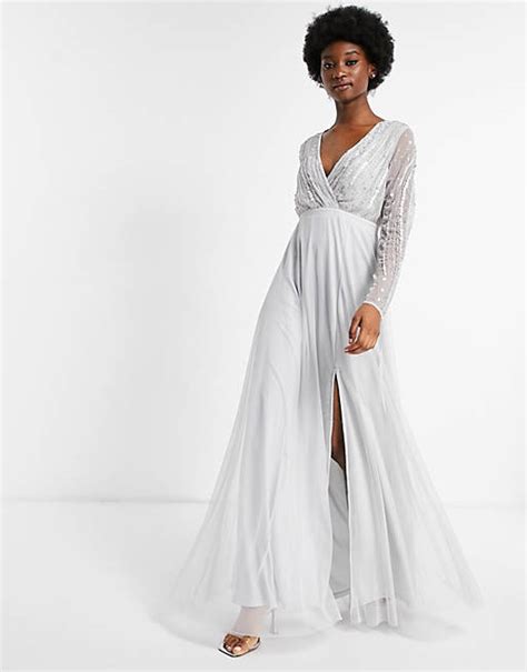 Frock And Frill Wrap Front Embellished Prom Maxi Dress In Dove Gray Asos