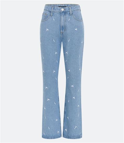 Calça Jeans Reta Com Bordado De Flores Azul Claro