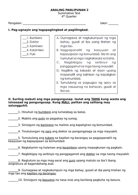 AP2 ST1 Q4 Summative Test ARALING PANLIPUNAN 2 Summative Test 4 Th