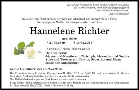 Traueranzeigen Von Hannelene Richter Rz Trauer De