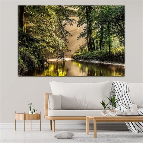 Forest Wall Art Canvas, Forest Tree Art Prints, Forest River Painting, Nature Wall Art, Living ...