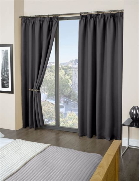 Essential Blackout Collection Woven Thermal Blackout Pencil Pleat Curtains In Charcoal Homefords