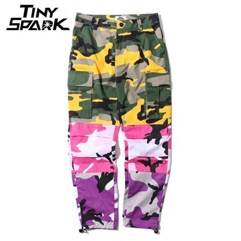 Tri Color Camo Patchwork Cargo Pants Men Baggy Tactical Trousers Hip