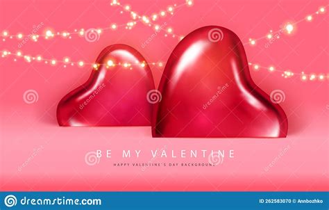 Happy Valentines Day Poster With Pink Hearts And Electric Lamps Stock