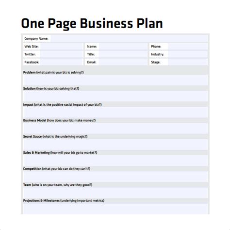 10+ One-Page Business Plan Samples | Sample Templates