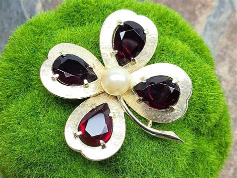 Rare Vintage ART Arthur Pepper Brooch Ruby Red Crystal Clover Brooch