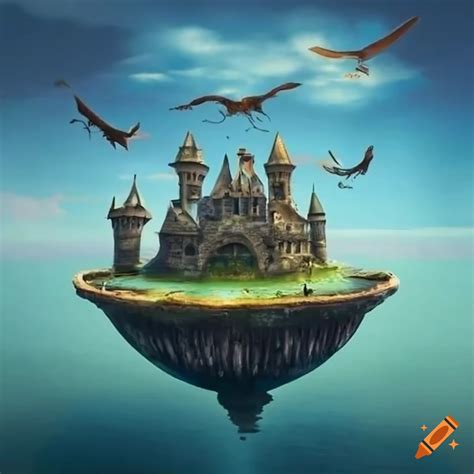 Fantasy Illustration Of A Floating Island With Dragons And A Castle