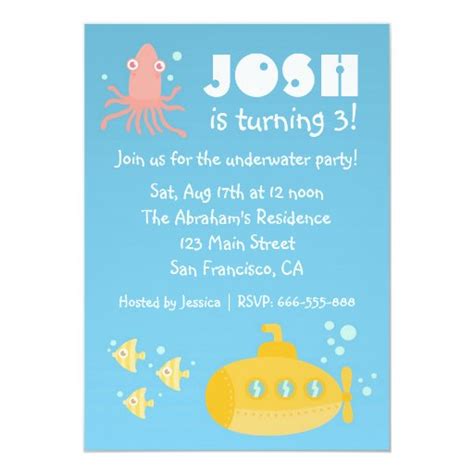 Birthday Party Underwater Theme With Submarine 5x7 Paper Invitation Card Zazzle