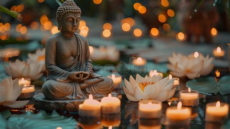 Serene Statue Of Meditating Buddha Surrounded By Lotus Flowers And