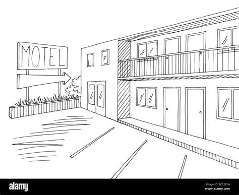 Motel Exterior Graphic Black White Sketch Illustration Vector Stock