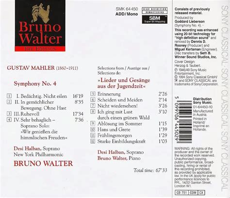 New York Philharmonic Bruno Walter Mahler Symphony No Lieder Und