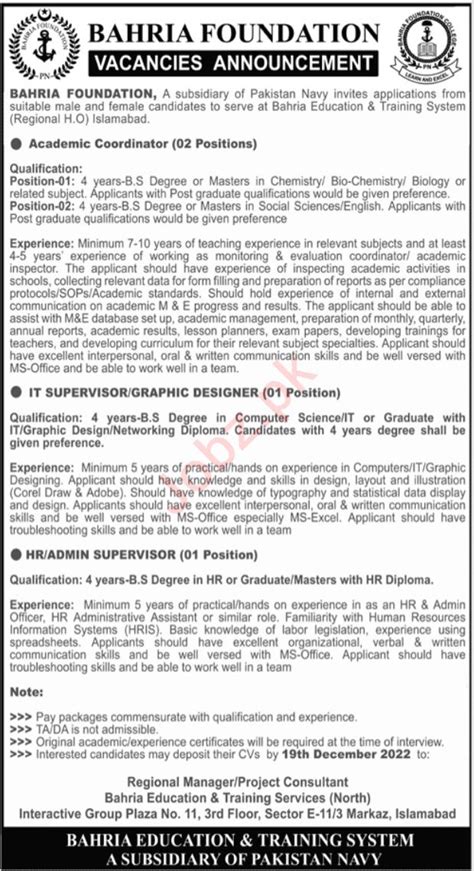 Bahria Foundation Jobs Job Advertisement Pakistan