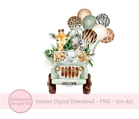 Wild One Green Safari Truck, Safari Balloons and Baby Animals, PNG, Safari Party Sublimation ...