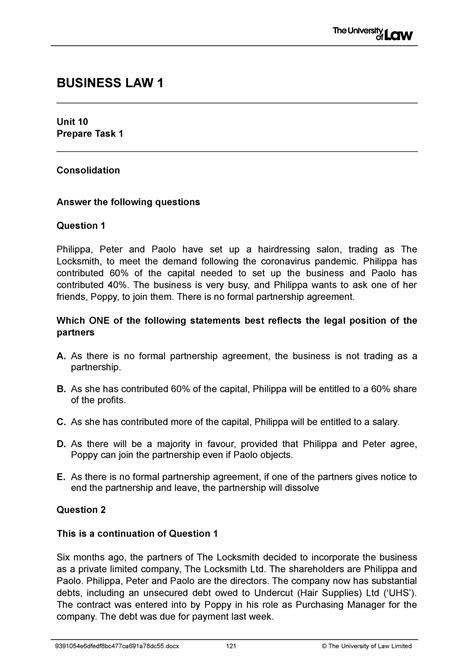 WS10 Prep Task 1 Workshop Notes BUSINESS LAW 1 Unit 10 Prepare Task