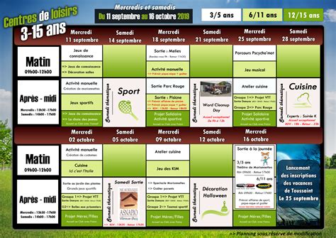 Acm Ans Le Planning Des Vacances De Toussaint