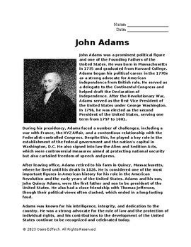 John Adams Q A Worksheet By Oasis EdTech TPT