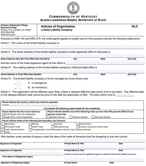 Kentucky Certificate Of Organization And Llc Formation Service