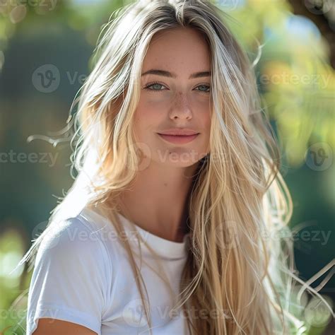 A beautiful blonde woman with long hair in a white tshirt looking at ...