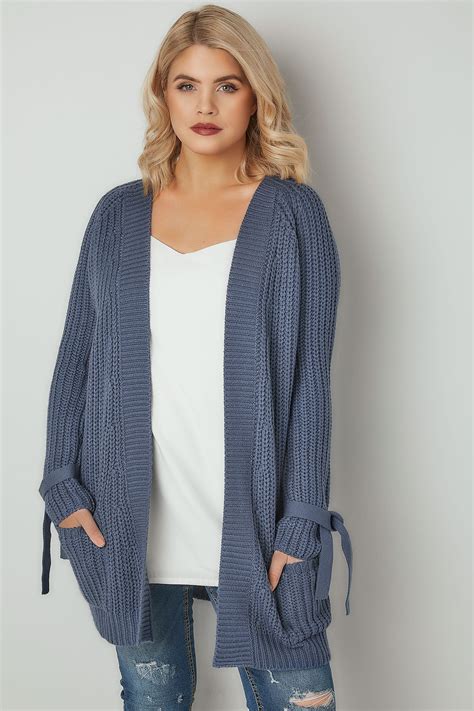 Limited Collection Blue Chunky Knit Bow Sleeve Cardigan Plus Size 16 To 32