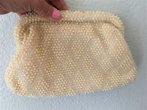 Vintage Corde Bead Clutch Lumured Purse Cream Bag 50s Handbag Metal